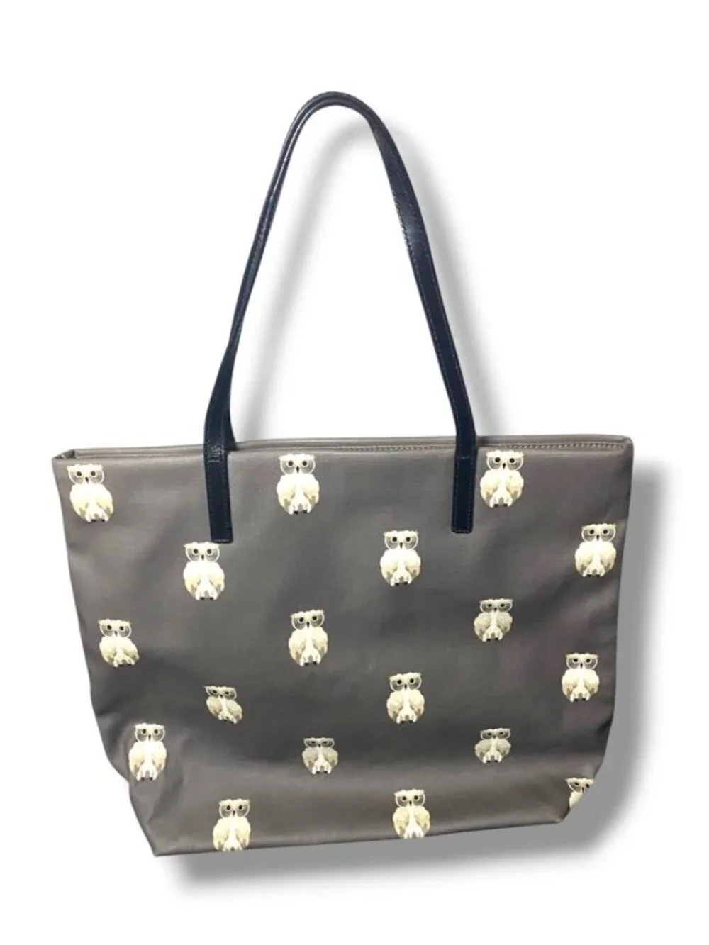 Kate Spade RARE RETIRED New York Owl Tote Bag Gray Canvas Black Leather Handles